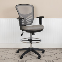 Flash Furniture HL-0001-1CBLACK-LTGY-GG Mid-Back Light Gray Mesh Ergonomic Drafting Chair with Adjustable Chrome Foot Ring, Adjustable Arms and Black Frame